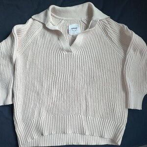 Aerie Cream V-Neck Sweater with Ribbed Knit